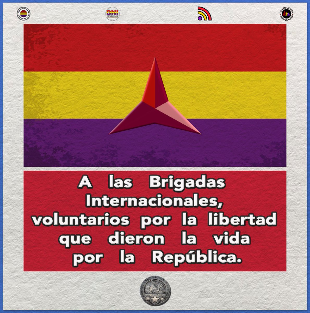 A las Brigadas Internacionales, voluntarios por la libertad que dieron la vida por la República. 🟥🟨🟪
#BrigadasInternacionales #VoluntariosPorLaLibertad #Republica #Antifascismo