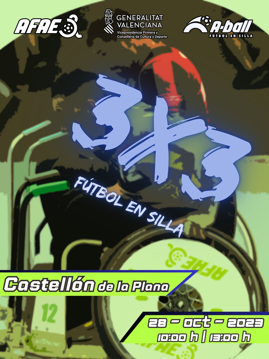 Los torneos 3x3 de fútbol en silla se trasladan a Castellón. 🔥
El próximo sabado día 28 desde las 10:00 hasta las 13:00 el A-ball tomará la plaza Huerto Sogueros de Castellón.👩‍🦽⚽️
Ven a conocer a los jugadores y a probar las sillas de competición de fútbol en silla de ruedas!!!