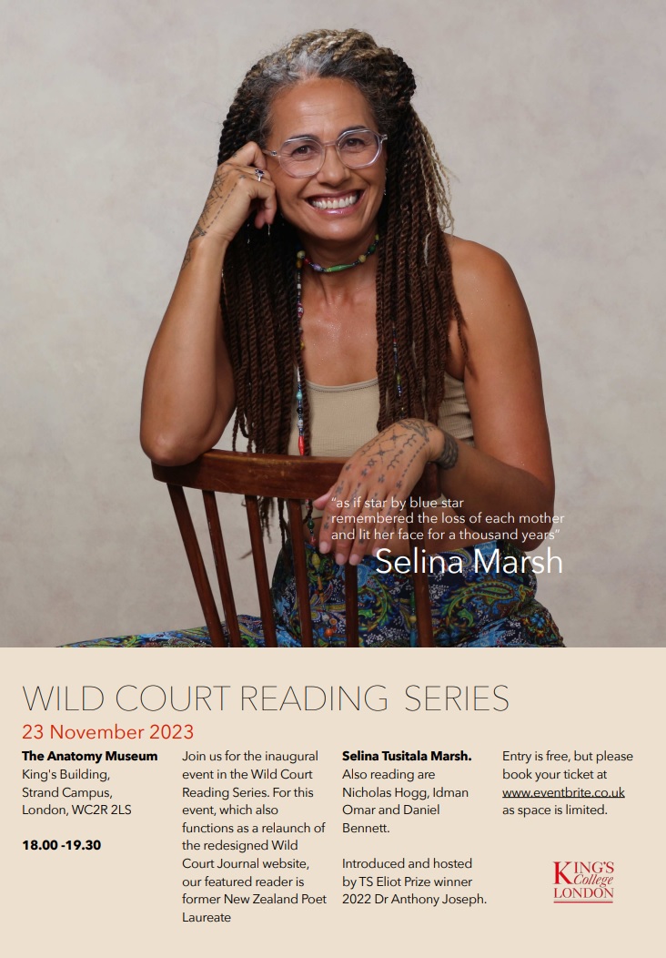 Join us for the inaugural event in the Wild Court Reading Series! Featured reader is former NZ Poet Laureate, Selina Tusitala Marsh. Also reading: @nicholas_hogg, @littleladyiddy & @AbsenceClub. Hosted by @adjoseph. 23rd November, the Strand. Free tickets: wildcourt.co.uk/event/wild-cou…