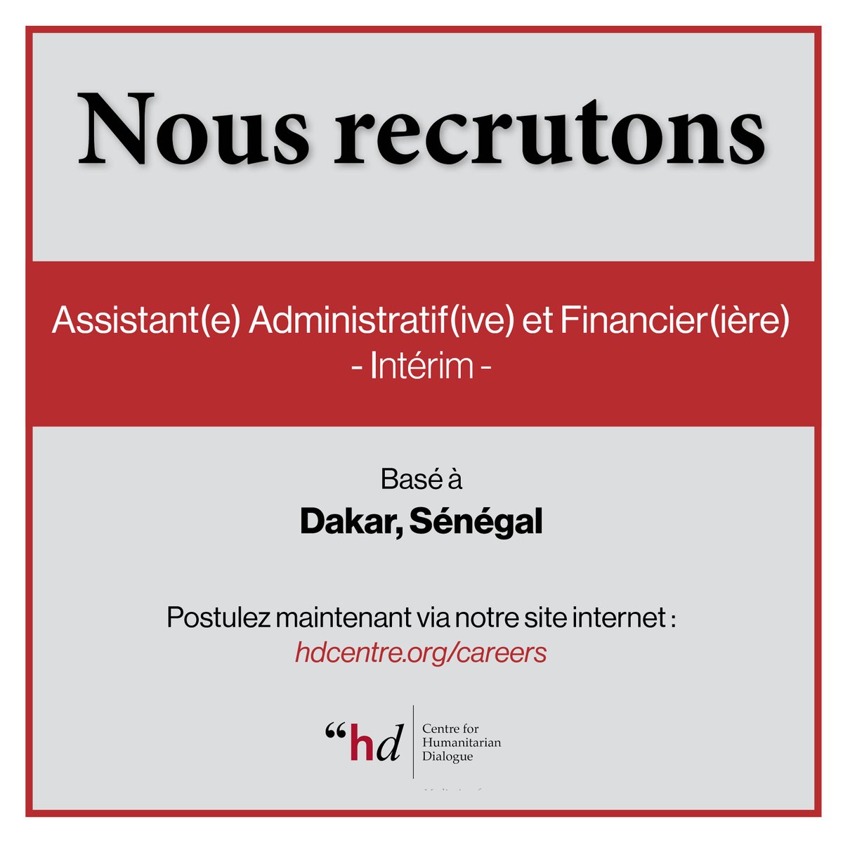 Le Centre pour le dialogue humanitaire (HD) recherche un(e) Assistant(e) Administratif(ive) et Financier(ière). Plus d'information ici 👉 hdcentre.org/fr/carri%C3%A8…