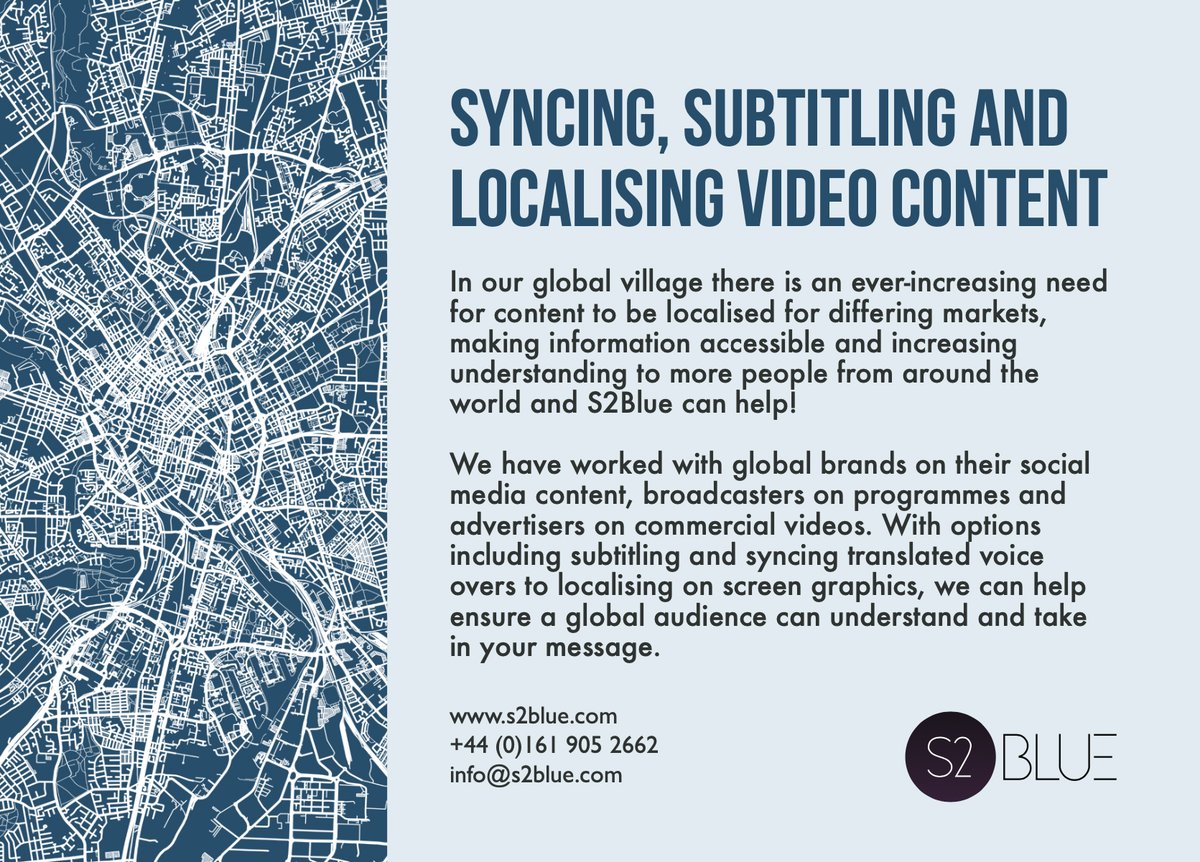 S2blue's tweet image. We're proudly Mancunian &amp;amp; proud of the award winning creative media production services we offer. Although we're primerially audio based, with voice overs, music &amp;amp; jingles, we also offer syncing, subtitling &amp;amp; localising video content. #manchester  #productionhouse #localisation