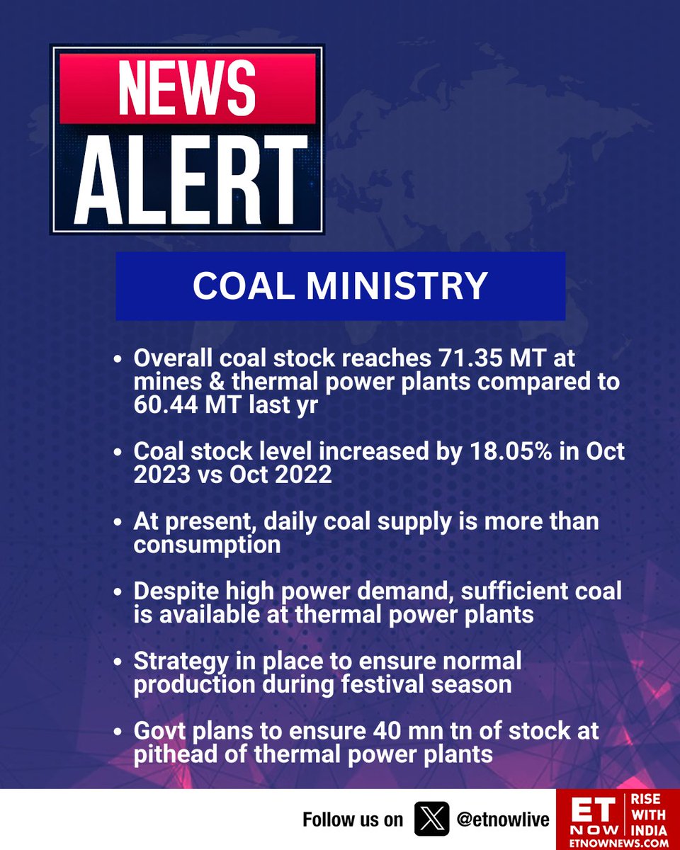 New Alert | Coal Ministry on overall coal stock, coal supply and strategy to ensure normal production during festival season

@CoalMinistry #CoalMinistry #StockMarket #mines #thermalpower