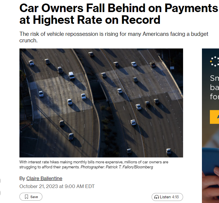 "The percent of subprime auto borrowers at least 60 days past due on their loans rose to 6.11% in September, the highest in data going back to 1994"