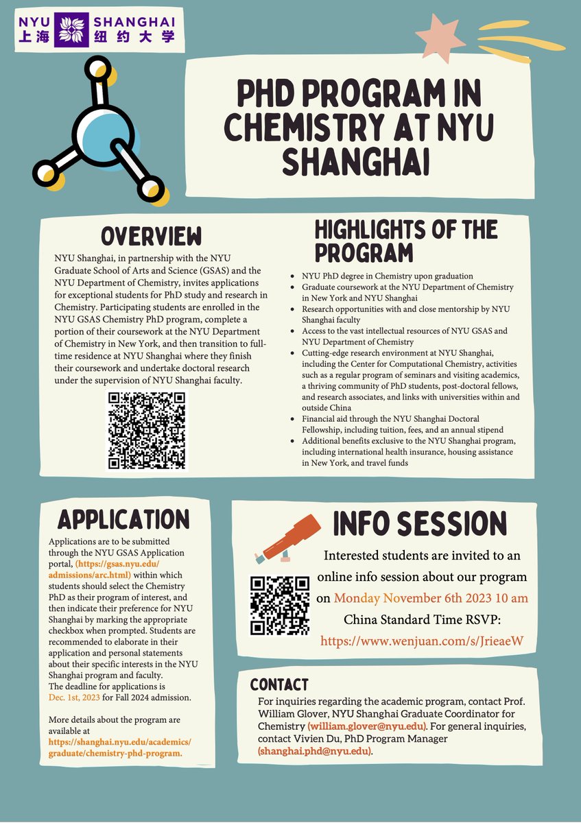 I'm recruiting! Come do a #PhD in #chemistry (#theoreticalchem/#compchem focus) @nyushanghai! Info session Nov 6th 10 am China time (Nov 5th 10 pm EST). RSVP: wenjuan.com/s/JrieaeW/ #phdposition #phdstudies #phdfellowship #doctoralstudies