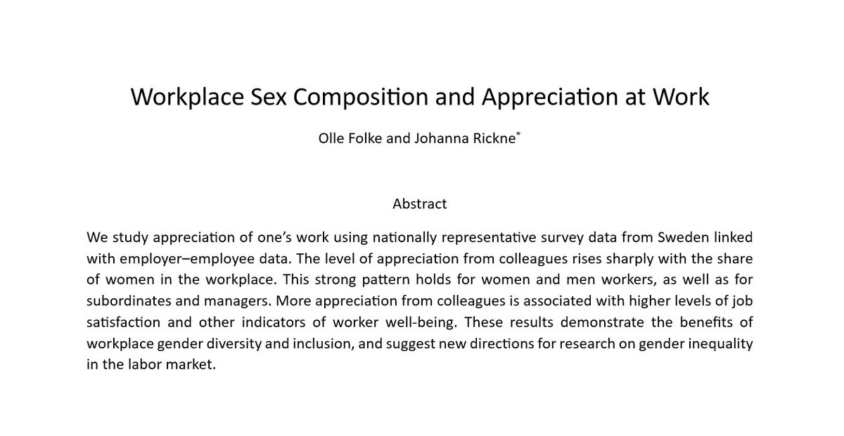 “Women spend so much more energy being nice to people in the workplace! When will they ever get credit for that?!” This audience question is common in our public talks about research on gender equality in the labor market. Our new paper gives striking evidence on this point. 1/7