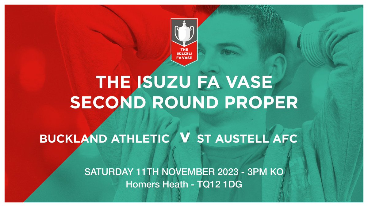 🏆 | FA Vase Second Round Draw

🗓 Saturday 11th November
🆚️ @AFCSTAUSTELL
🏆 @FAVaseHQ 2nd Round Proper
🏟 Homers Heath, TQ12 1DG
⏱️ 3:00pm KO

❗️This match is available for Match Sponsorship - contact @judd_barker for more details on 07432 208957 🤝

#UpTheBucks 🟡⚫️