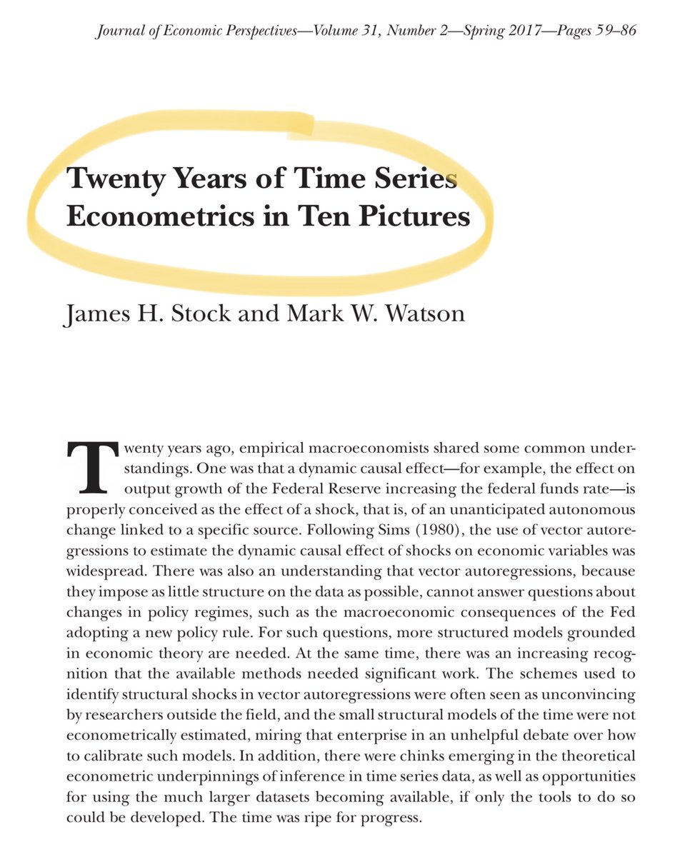 Hi #EconTwitter! How do you 𝐜𝐚𝐮𝐬𝐚𝐥 𝐢𝐧𝐟𝐞𝐫𝐞𝐧𝐜𝐞 using macroeconomic time series and macroeconometrics? If you missed it, check out👇this paper by @jimstockmetrics (@Harvard) and Mark Watson (@Princeton). Also recommended if you need to teach macro #econometrics!…