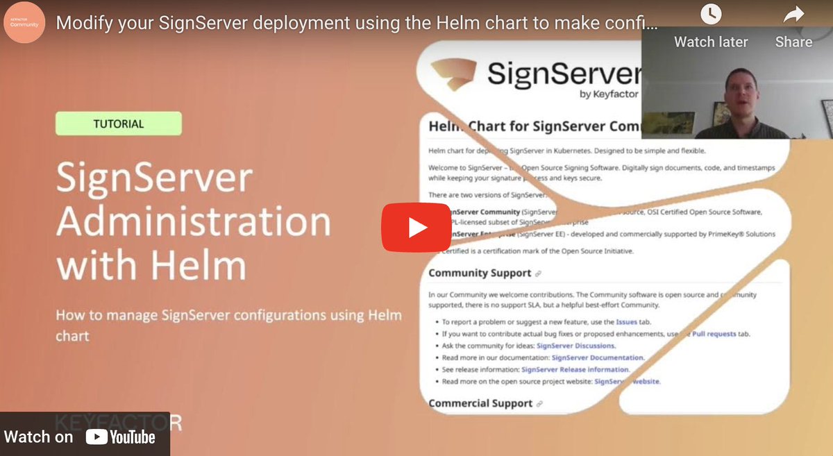 KeyfactorComm's tweet image. Watch our new tutorial video and learn how to modify your SignServer configuration using Helm!  signserver.org/case/start-sig… #SignServerTutorial #Configuration #HelmChart