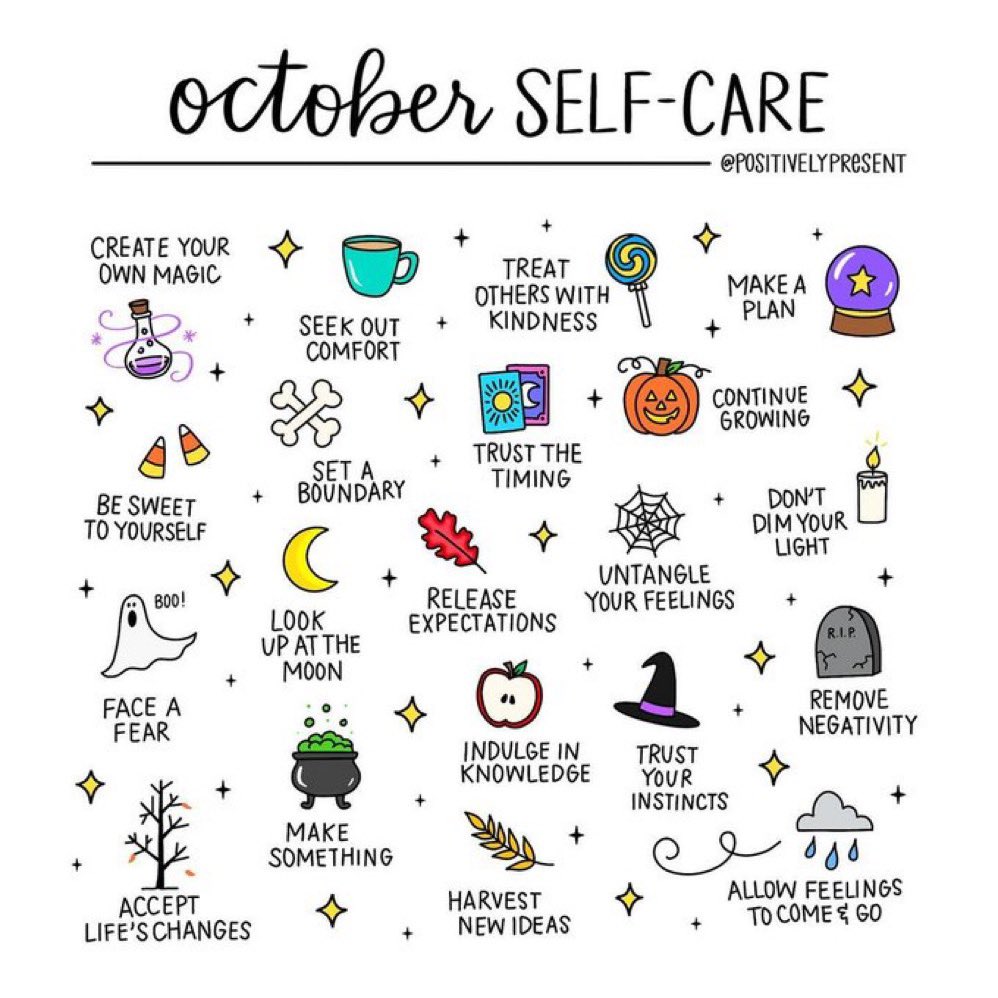 We are still in October. Lots of time and opportunity for #selfcare. 
My favs: 🎃✨🍁✨☕️✨🍭✨🍏✨
#WellbeingMatters
#LearnWell
#LeadWell
#CultivatingCompassion