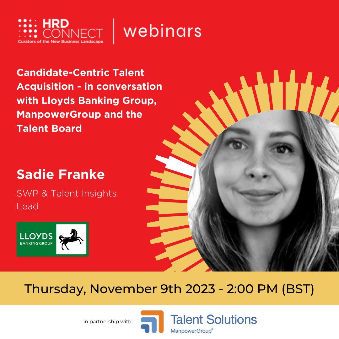 Don't miss our webinar, " Candidate-Centric Talent Acquisition - in conversation with Lloyds Banking Group, ManpowerGroup, and the Talent Board"- Sadie, Jon, and Kevin.

Register now! tinyurl.com/2cjbtb3r

 #HRWebinar
