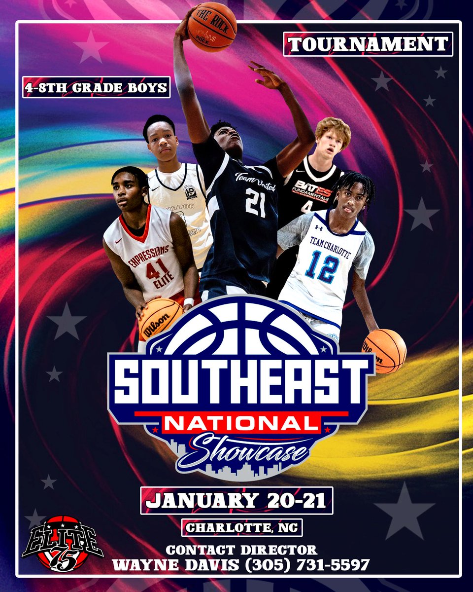 Southeast National Showcase 🔥🔋

- One of the TOP middle school boys tournaments.

⛹🏼‍♂️ 4-8th Grade Boys
🗓️ January 20-21
📍Charlotte, NC
📈 National Exposure
🎤 LIVE Interviews
✍🏼 Write ups/Articles
🏀 National Travel Teams

Contact Director Wayne Davis to register (305-731-5597)