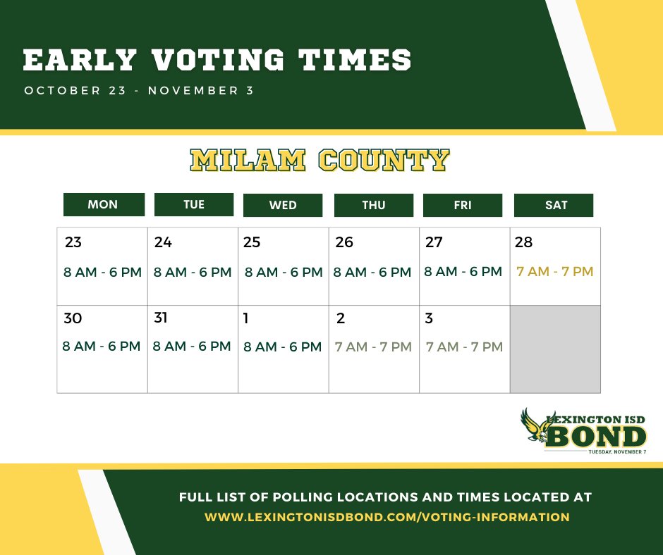 Hey Eagles! Early voting begins TODAY. For a list of polling locations &amp; Times, go to 
 ttps://www.lexingtonisdbond.com/voting-information