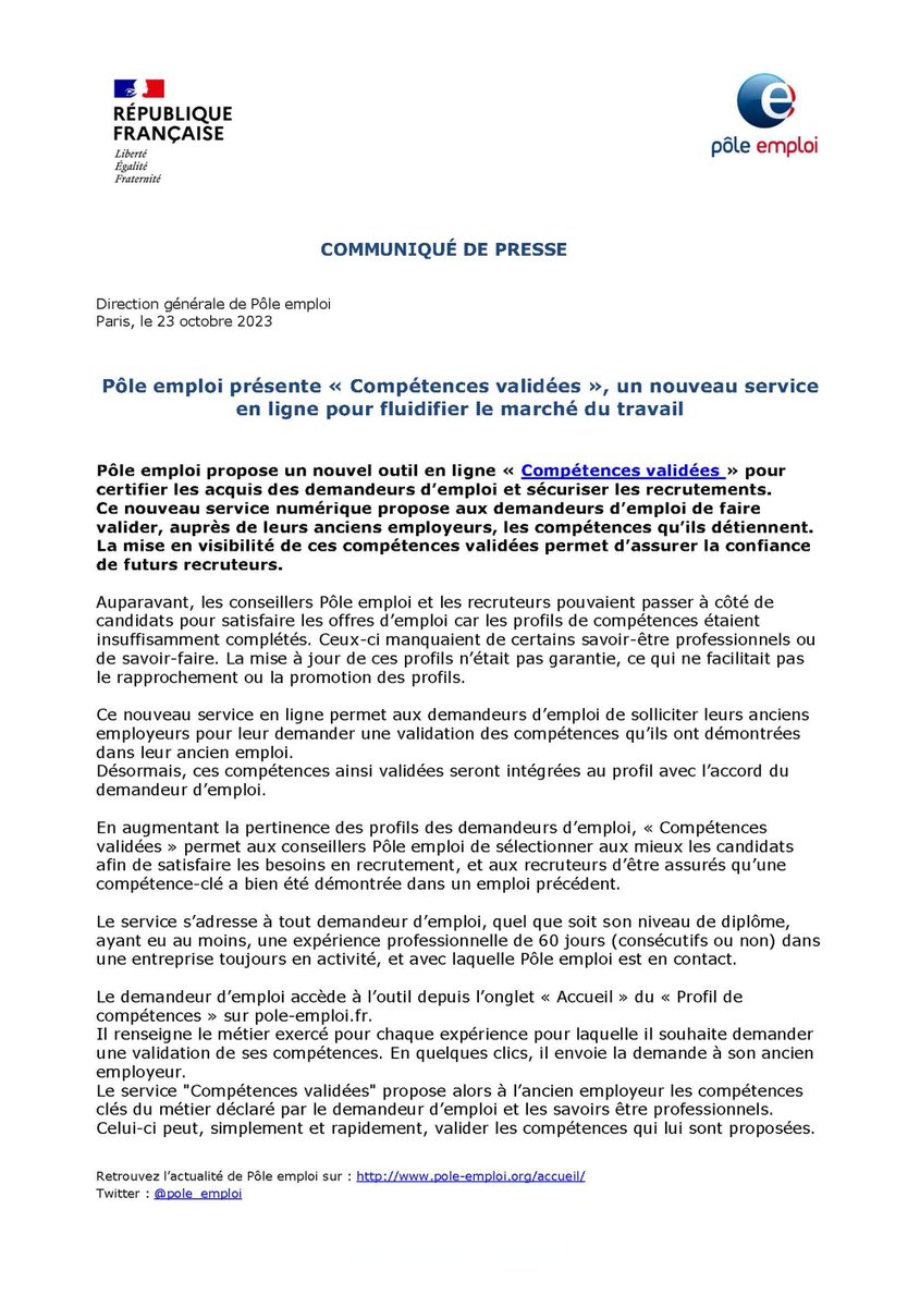 [Communiqué de #presse] Pôle emploi lance le service "Compétences validées", un outil qui certifie les acquis des demandeurs d'#emploi et sécurise les #recrutements 🤝✅

📰 A découvrir en intégralité ici ➡️ pole-emploi.org/accueil/commun… #TousMobilisés