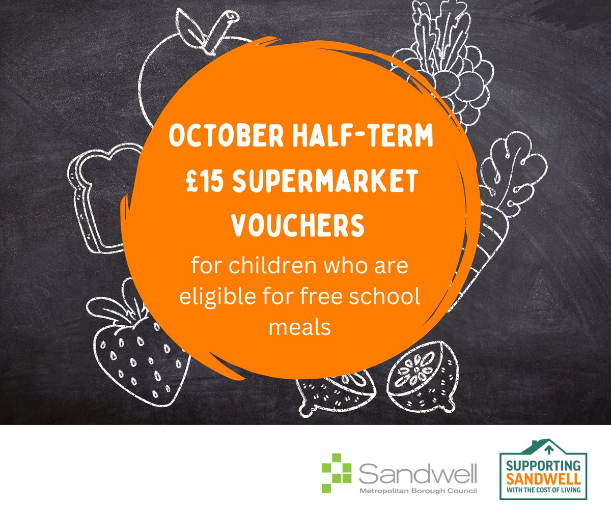 sandwellcouncil's tweet photo. 🥗Eligible children who get free school meals will be getting a £15 supermarket voucher for the October half-term holiday.

⭐You will be contacted by your child's school with details.

#SupportingSandwell https://t.co/IDehzd6BSr
