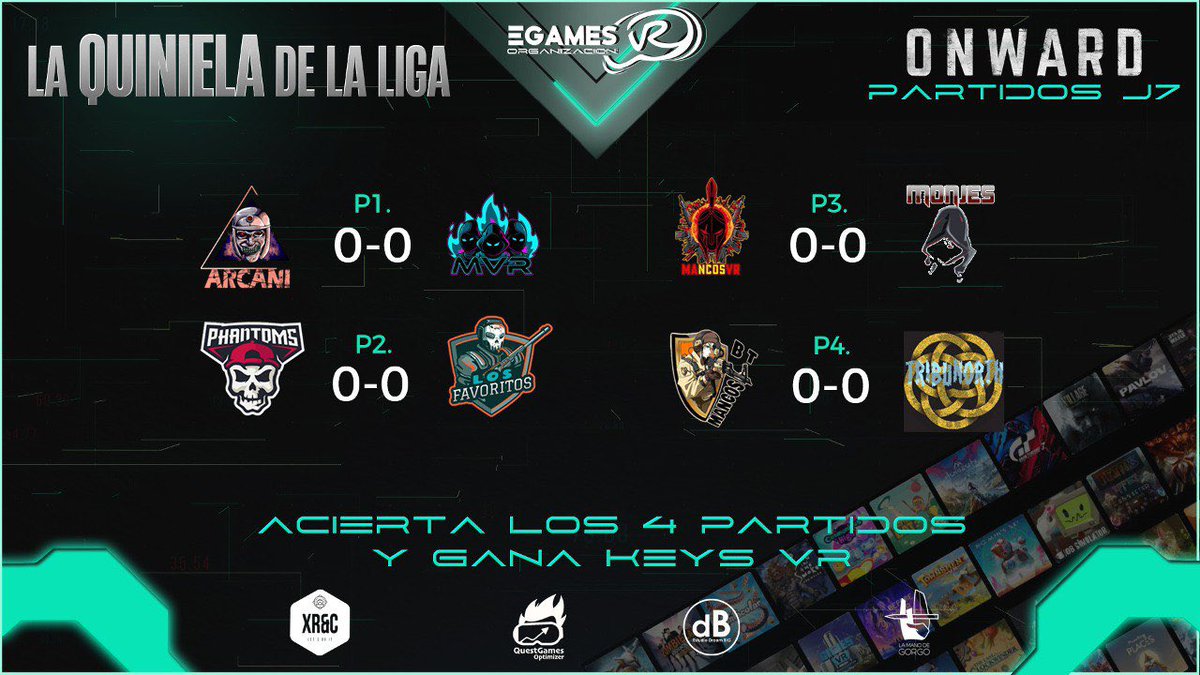 ‼️ULTIMA QUINIELA FASE REGULAR‼️ 

✅Se abre la quiniela para que participéis desde ahora hasta el inicio del primer partido. 

🎁Premio: Doble Key VR Undead Citadel y Z-Race de los amigos de <a href="/Dark_Curry/">Dark Curry - Games</a> y <a href="/XocusVR/">XOCUS 一 EXOcars is LIVE 🏁</a> 

#eSports #Competition #egamesvr #onwardvr #esportsvr #VR #meta3