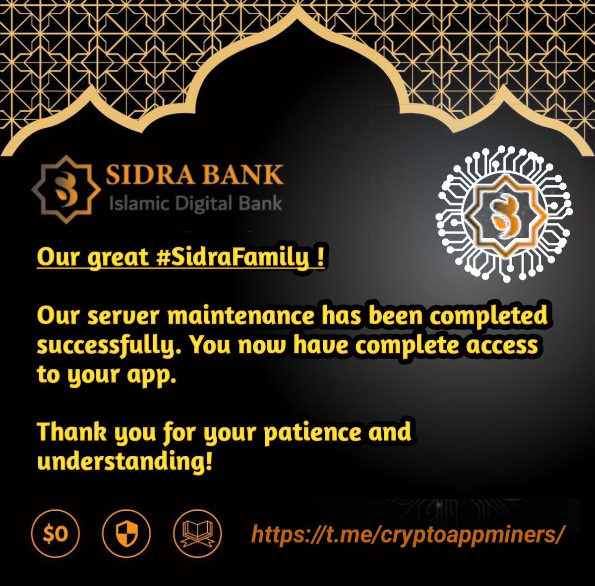 Our great #SidraFamily !

Our server maintenance has been completed successfully. You now have complete access to your app.

Thank you for your patience and understanding!👍

📍JOIN &amp; MINE ⛏ SIDRA NOW-
     👇👇👇👇👇
t.me/cryptoappminer…

#Sidra #SidraBank #SidraCoin