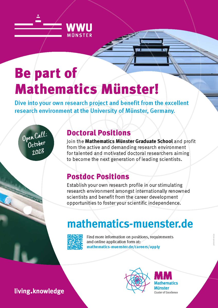 math_muenster's tweet photo. ⏰ Deadline 1 November 2023! Apply now for several doctoral and postdoctoral positions at Mathematics Münster! https://t.co/5NgPDcxtLg #mathjobs #MathMuenster @dfg_public @ResearchGermany @uni_muenster https://t.co/5Arwm1tHCa
