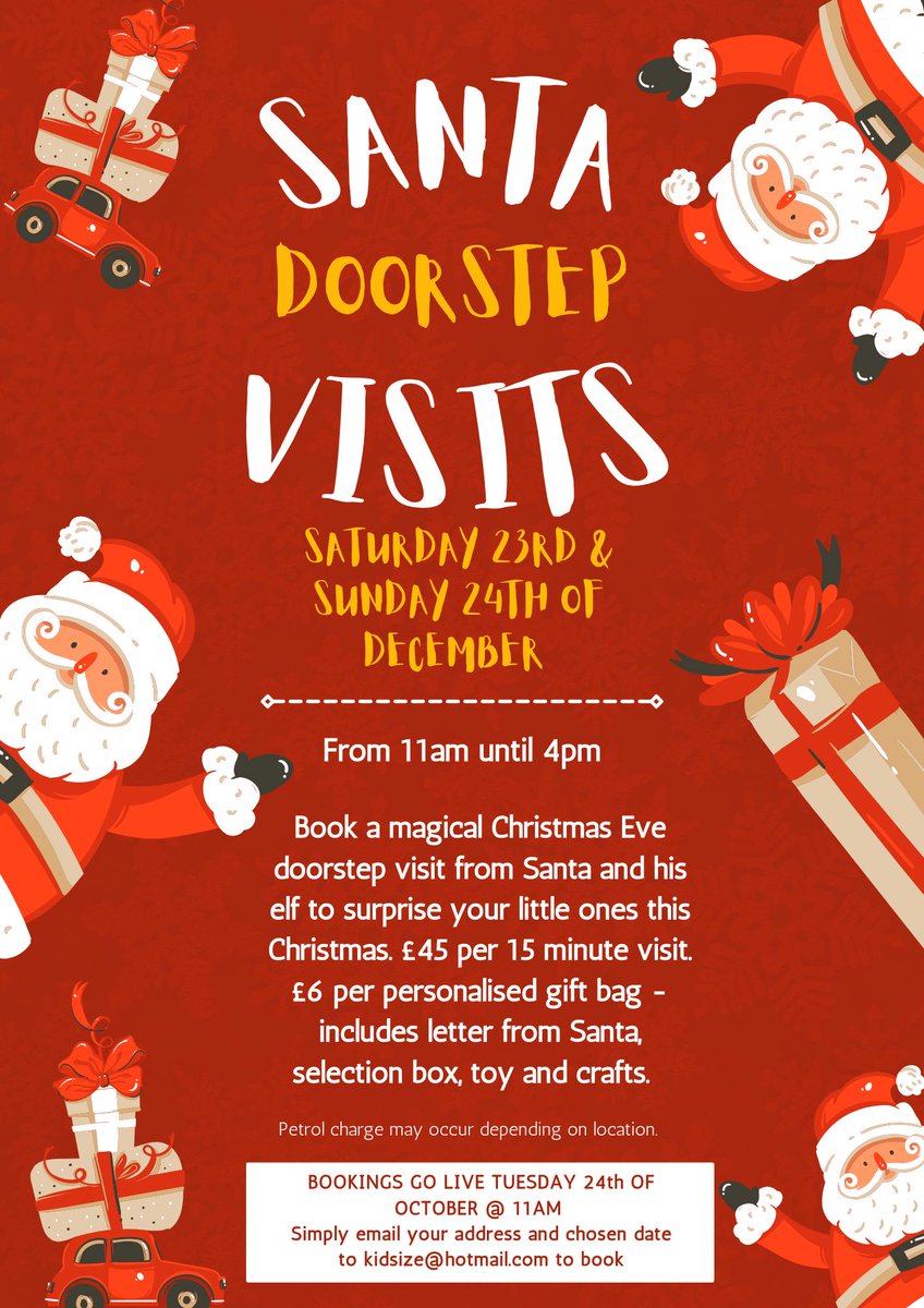 Kidsizeltd's tweet photo. 📷1 DAY UNTIL BOOKINGS GO LIVE📷 

Reminder everyone that our Santa door step visit bookings go live at 11am tomorrow! 📷 

Don’t miss out! Email kidsize@hotmail.com with your address and date to book a slot! 📷 

#Christmas #christmas2023 #aberdeensmallbusines #aberdeencity https://t.co/jZkHNKer87
