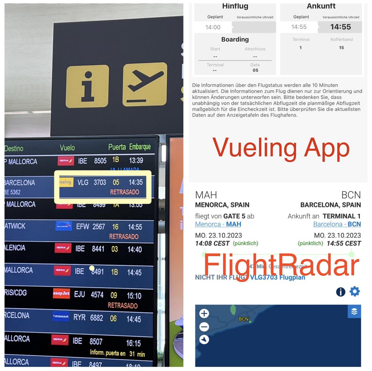 out1974's tweet photo. Data streaming is crucial for a positive #CustomerExperience experience. A current example is the #Vueling flight #VY3703 today, on October 23rd. The airport display indicates a delay of almost >1 hour, while the Vueling App still states the flight is on time. You can do better https://t.co/GmMgKGutUv