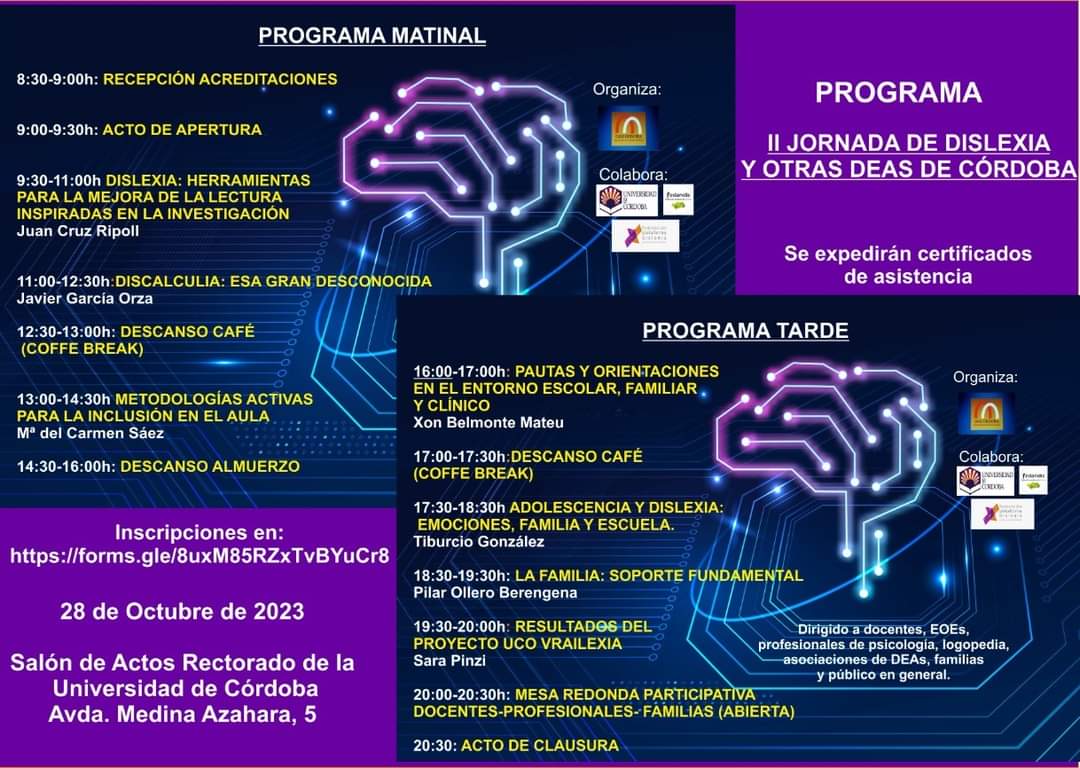 ¡No te pierdas las II Jornadas sobre Dislexia y otras DEAS en Córdoba el 28 de Octubre! Exploraremos herramientas, apoyo en el aula, impacto en las familias y resultados <a href="/vrailexia/">VRAIlexia project</a> Únete si eres familiar, afectado o si estás interesados en trastornos del leguaje📷📷📷 #inclusion