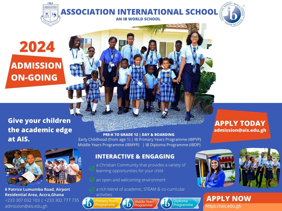 Give your child the academic edge at AIS🎓
Pre-K to Grade 12 Admissions for 2024 are open.
📢 Discover world-class education that sets the standard! 
🎯 Secure your child's bright future today! 
✉️ Email: admission@ais.edu.gh 📞 Call: +233 302 77 77 35
#aisghana #iamais #enrolnow