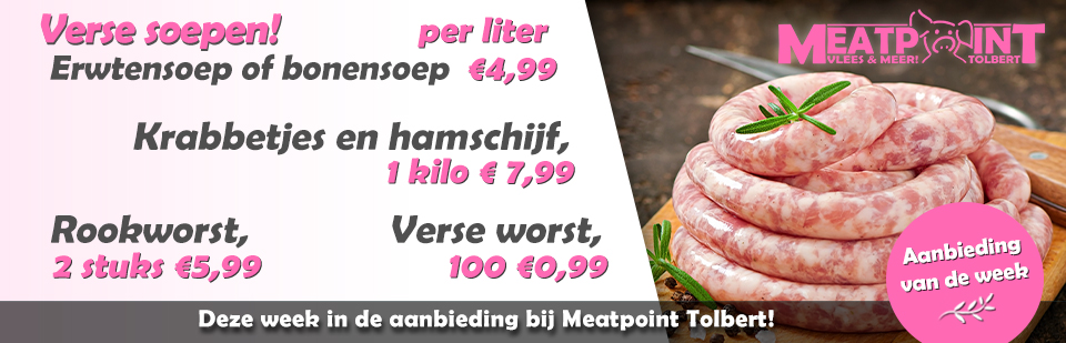 MeatpointNL's tweet image. Deze week in de aanbieding bij Meatpoint Tolbert:

Heerlijke bonen of erwtensoep! Per liter €4,99!
Krabbetjes en hamschijf, 1 kilo slechts €7,99!
Rookworst, 2 voor maar €5,99!
Verse worst, 100 gram slechts €0,99!

Kijk ook op onze website: meatpointtolbert.nl