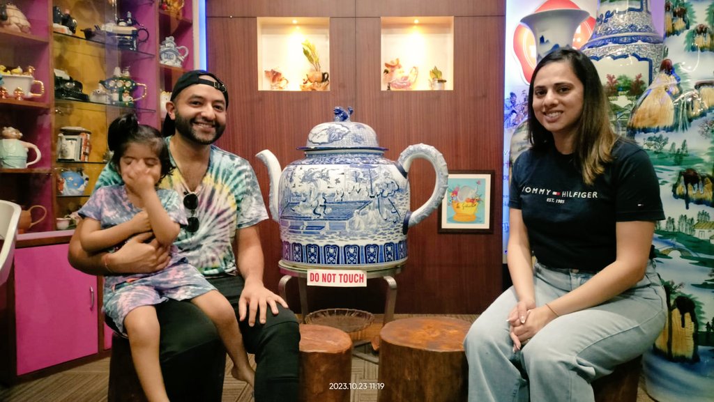 Mira and her mother Shivani Sheth posing with the World's Largest #TeaPot at 'La Gravitea', #Jamshedpur on Oct 23, 2023. Tea knows No Religion, No Age, No Gender; Make the most of your Life, creating moments full of Wonder. Pls support our #DeafCafe with a #Follow. #Follo