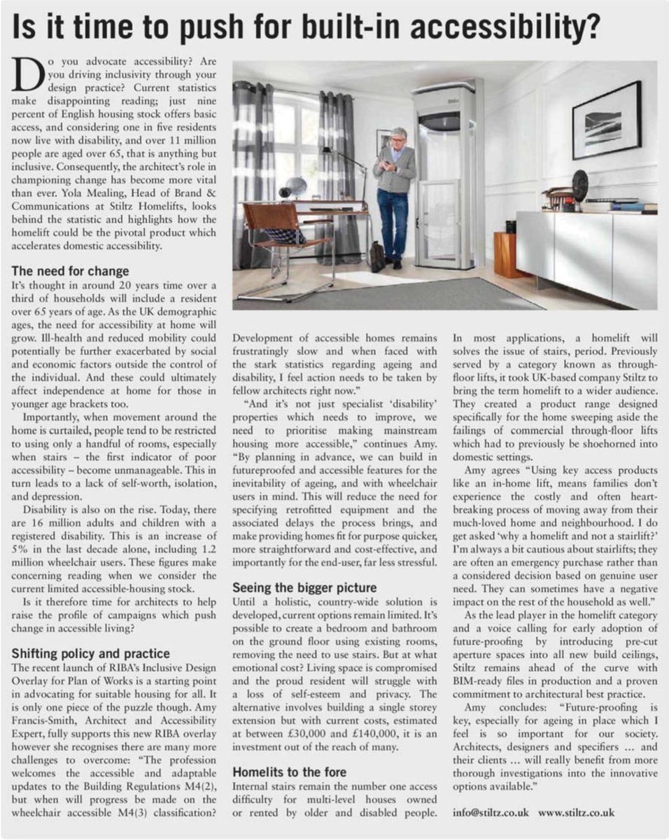 Is it time to demand accessibility in new build properties as standard? Architect's Datafile explores the importance of inclusivity in design practice highlighting homelifts as one of the products pivotal in achieving this @ArchitectsDF #ArchitectsDatafile #stiltz #accessibility