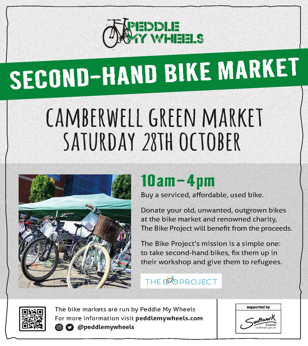 SECOND-HAND BIKE MARKET - Saturday 28th October Camberwell Green Market.- come along between 10am - 4pm. Buy a serviced, used bike at affordable prices. @The_BikeProject @lb_southwark #activetravel #cycling #environment #southwark #thebikeproject #recycle #bike