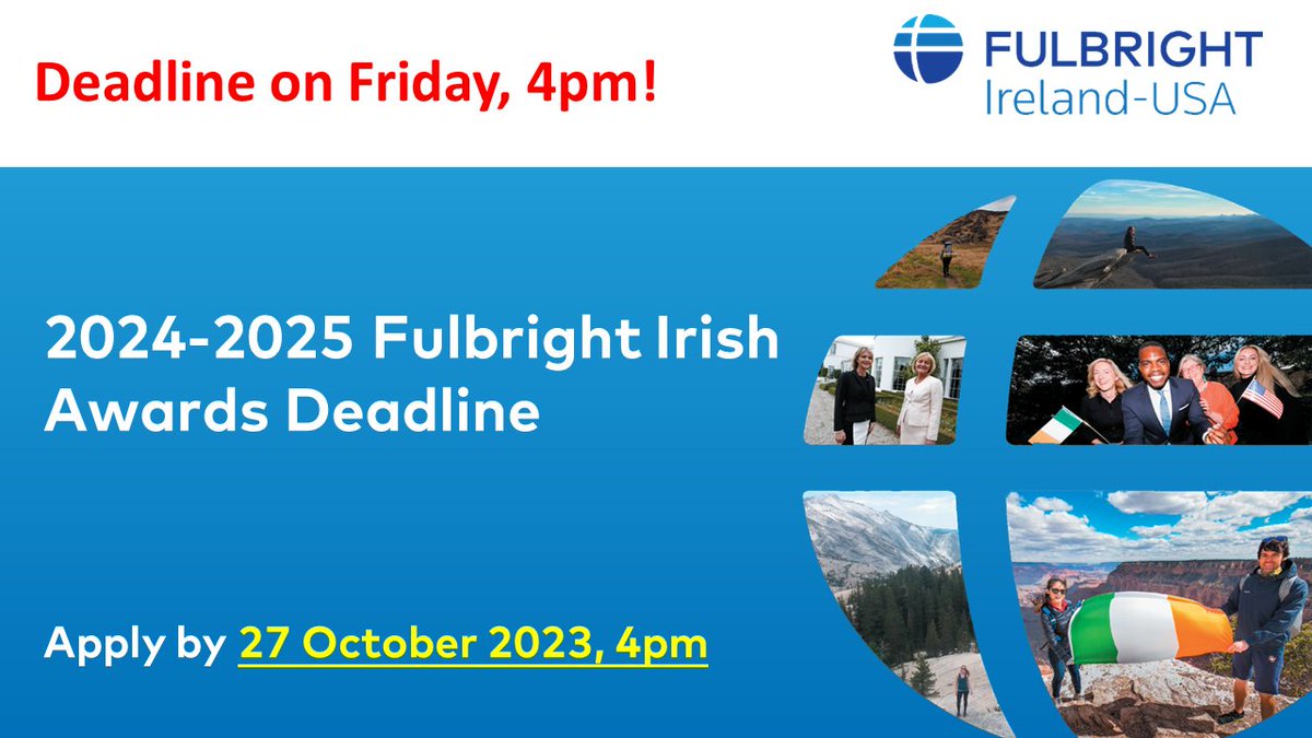 ⏰The 2024-2025 #FulbrightIrishAwards competition deadline is 27 October 2023, 4pm!⏰ Fulbright Awards provide grants for Irish citizens, & EU citizens resident in Ireland for 5+ years, to #research, #study, or #lecture in the #USA. Apply: bit.ly/3KfKk7o