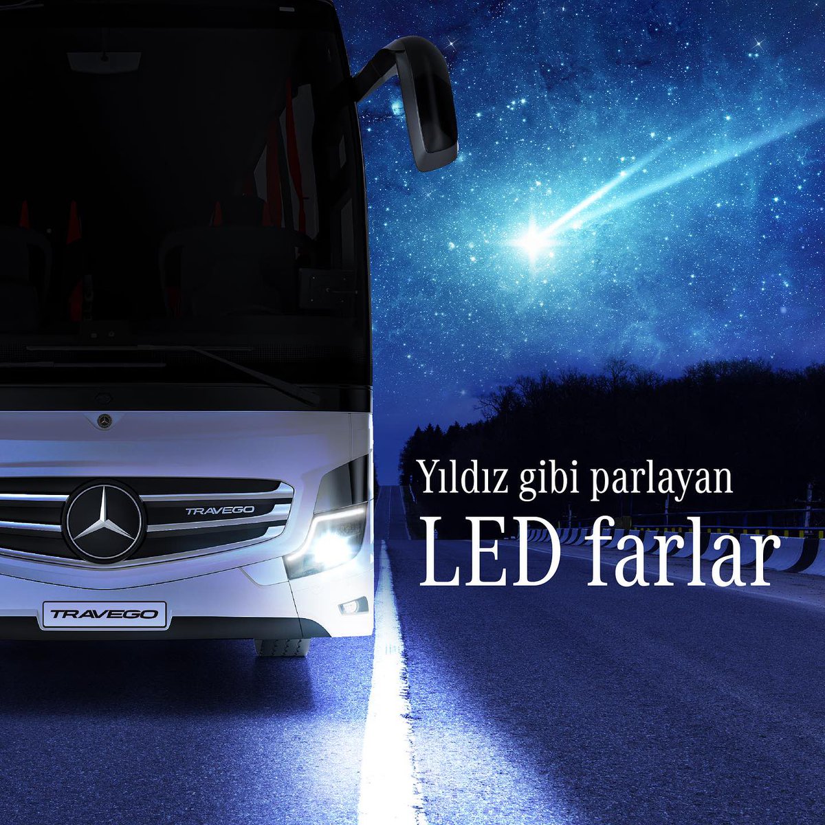 Mercedes-Benz Travego, yıldız gibi parlayan LED farlarıyla daha da dikkat çekici!