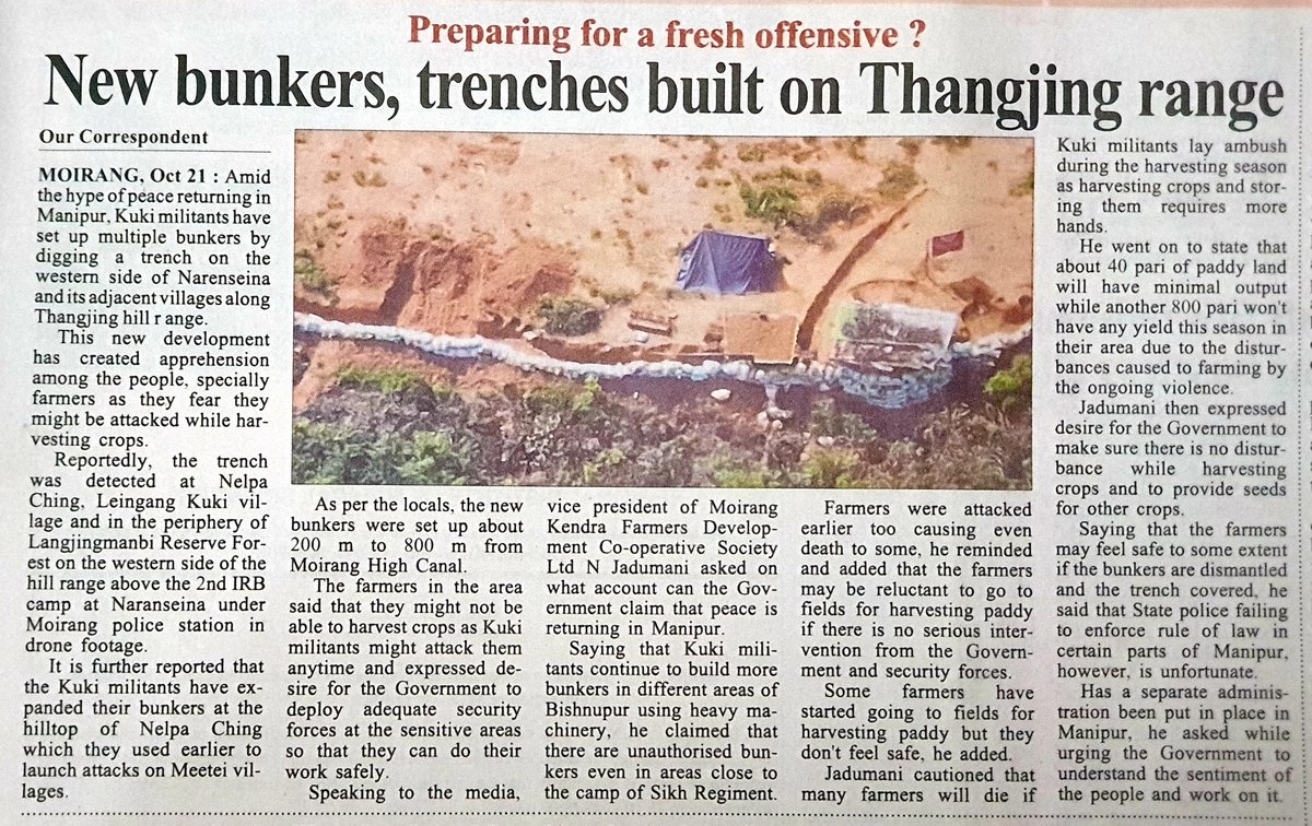 meiteiheritage's tweet photo. 🚨 Immediate attention please; recipe for next flash point #Manipur 

#KukiMilitants set up  multiple new bunkers at Narenseina and its adjacent villages along #Thangjing hill, just 200-800 Metres from Moirang high canal. This has caused fear and concern, particularly among farmers of being  attacked while harvesting crops.

❗️The area is very sensitive because #Meitei farmers were earlier attacked by Militants killing at least 2 individual. Further, the Meitei Pilgrimage site at Thangjing Hill was desecrated by #Kukis by erecting a Holy Cross and militant Zomi Revolutionary Army  flag, causing much anger among Meiteis and Hindus across the world. Link here https://t.co/GGYINsKnlh

❗️The Militants have also expanded their bunkers at the  hilltop of Nelpa Ching which they used earlier to launch attacks on Meetei villages, locals allege. The Sangai Express article here: https://t.co/YuHK5Wqcny

❗️There has been relative calm in Manipur and it is critical that @NBirenSingh @adgpi @Spearcorps @Vineet_K26 @manipur_police
take prompt action to avoid any violence in the region. It is critical to note that if proper harvesting is not done there is a danger of a man made famine https://t.co/1sVgpeaGcU

@ramindesai @BinaNepram
@RajatSethi86 @imosingh @AskAnshul @AbhijitChavda