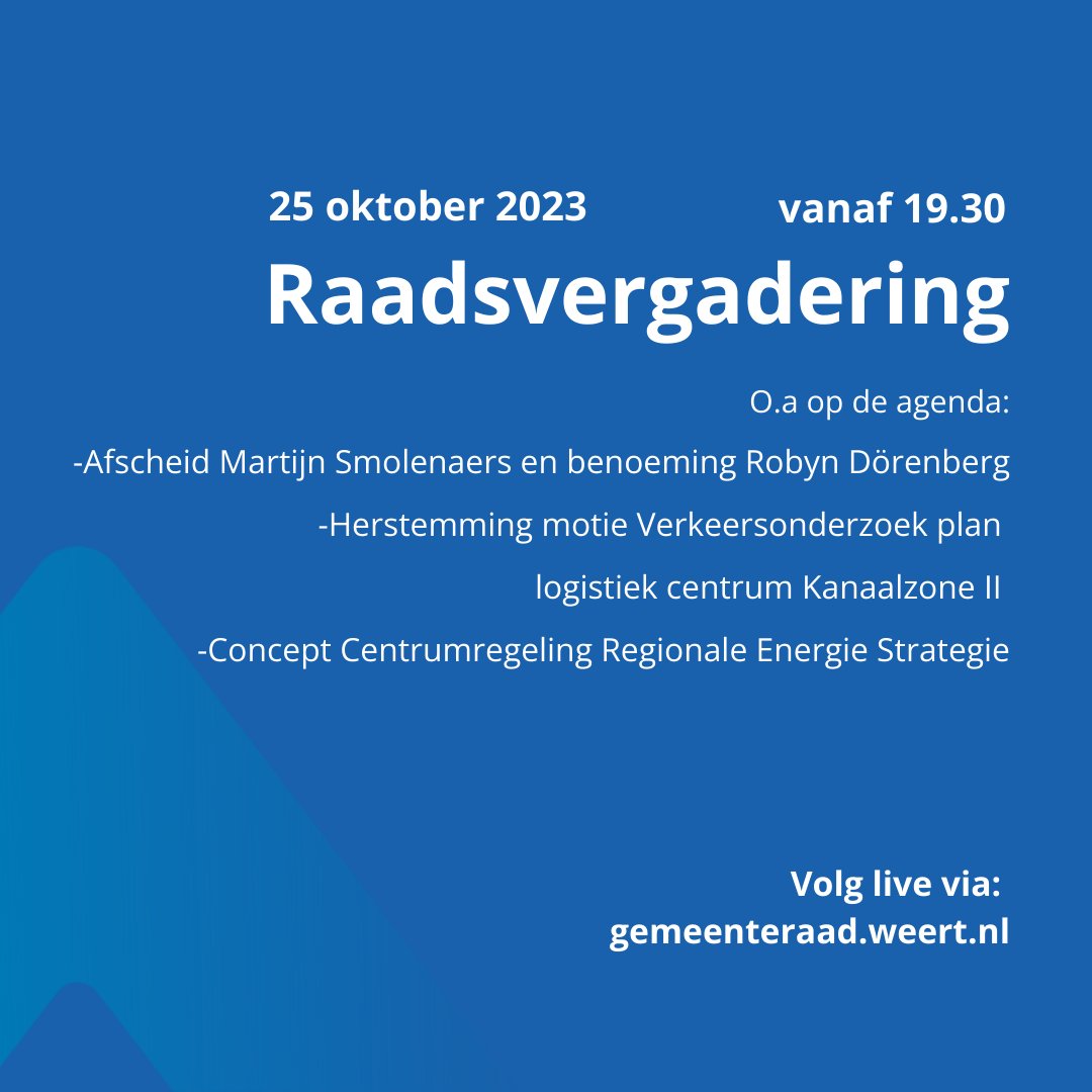 RaadWeert's tweet photo. Woensdag 25 oktober is er weer een raadsvergadering. De raad neemt in deze vergadering afscheid van Martijn Smolenaers, en de benoeming van Robyn Dörenberg staat op de agenda.

Ook wordt er opnieuw gestemd over de motie Verkeersonderzoek plan logistiek centrum Kanaalzone II. https://t.co/hQC9saHRec