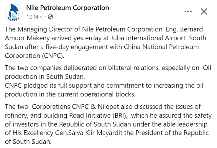 PatrickHeinisc1's tweet photo. Managing Director of #South_Sudan's Nile Petroleum Corporation #Nilepet returns from 5-day trip to #China. China National Petroleum Corporation #CNPC "pledged its full support and commitment to increasing the #oil_production in the current operational blocks." https://t.co/sv2457AZe2