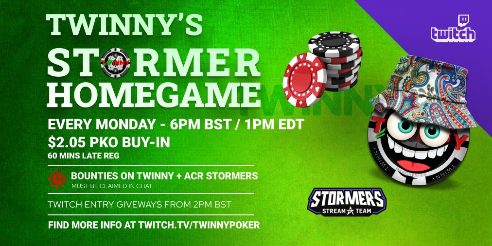 We are Live with our @ACRStormers $2.05 PKO Homegame, 6pm BST/1pm EDT. 
♦️Monthly/Yearly Leaderboards <a href="/keep_the_score/">Keepthescore.com</a>
♠️Extra Bounties
♥️Free Entries
♣Part of #WSOHG
<a href="/ACR_POKER/">ACR Poker</a> #VenomFever #BigPokerThursdays #Good4Poker #ACRGiveaway #PositiveVibes
twitch.tv/twinnypoker