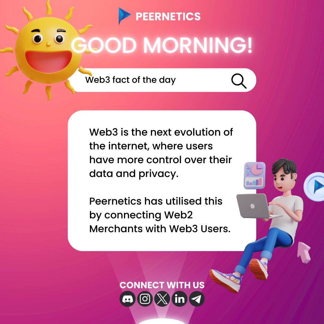 ☀️ Good morning, Web3 explorers! 

Web3 offers more control over data and privacy. Peernetics connects Web2 Merchants with Web3 Users. 🌐🔐

#Web3 #PrivacyControl #web3community #CryptoTwitter #CryptoMassAdoption #cryptocurrencies #tokenlaunch