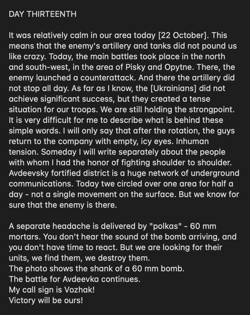 wartranslated's tweet photo. Russian serviceman Dmitry Filatov known as Vozhak Z on Telegram says that Russian soldiers who rotate from Avdiivka return with "empty, icey eyes" after heavy battles. He also says the Avdiivka strongpoint is hidden underground, and little Ukrainian activity is noticed on the surface.
https://t.co/8NYmT2nS1w