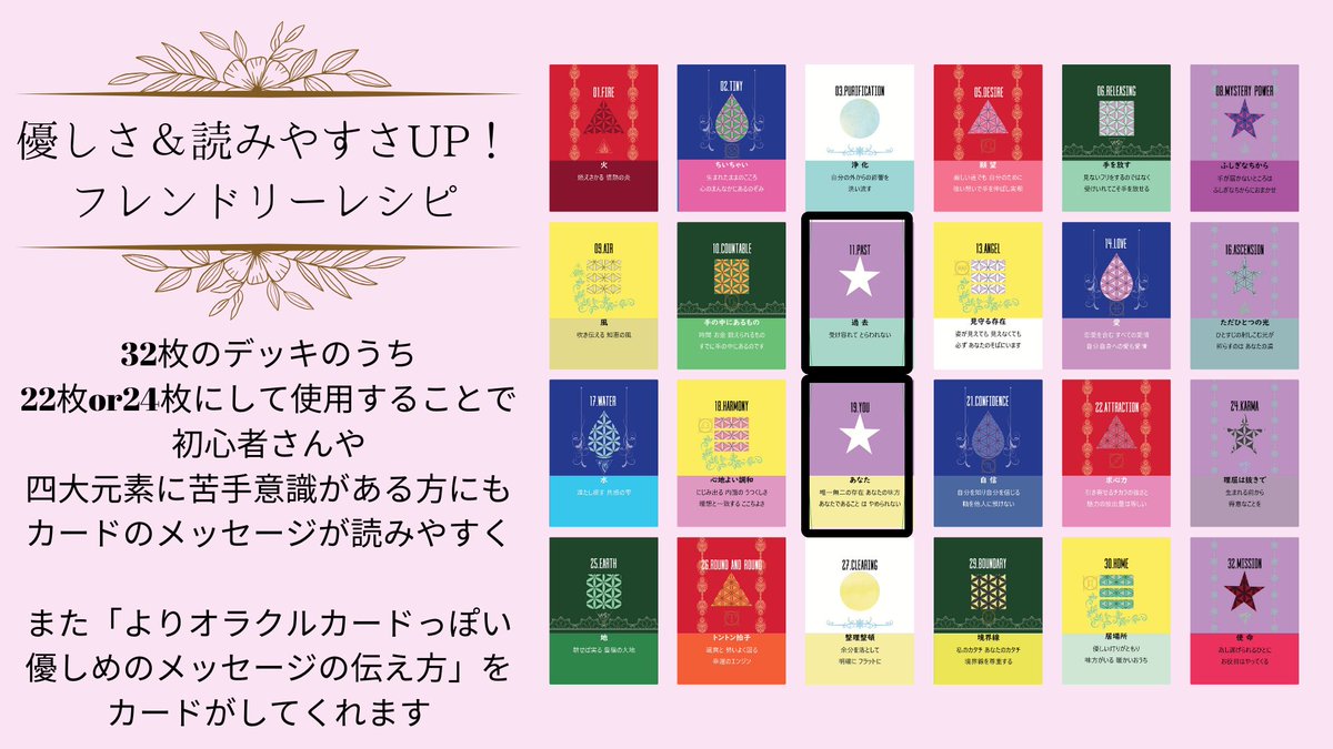mood_tune's tweet photo. フロエナちゃん、いろんな使い方ができまして、
「こう使うのが一番いい！」とは
言い難いのが正直なところです。

カードからのメッセージ読み熟してる方や
四元素についても理解している方には
「2組使うダブルデッキ」もめちゃ推します。
同じカードが繰り返し出るときのカードの主張も
あなたならきっとキャッチできるから。

まずは簡単に読んでみたいという方には
フレンドリーレシピ（造語）という
32枚のうち「22or24枚のみ使う」のもまた
オススメなのです…
少しずつ仲良くなって、
少しずつ、そしてたくさん
あなたの言葉に換えていって欲しいのです。

読み手さんにとって一番抵抗感なく＋全力出して使えるようにしたいというのが本音です。

（なので、お話しながら、お話相手の方によって使い方のオススメを変えている時があります…！）