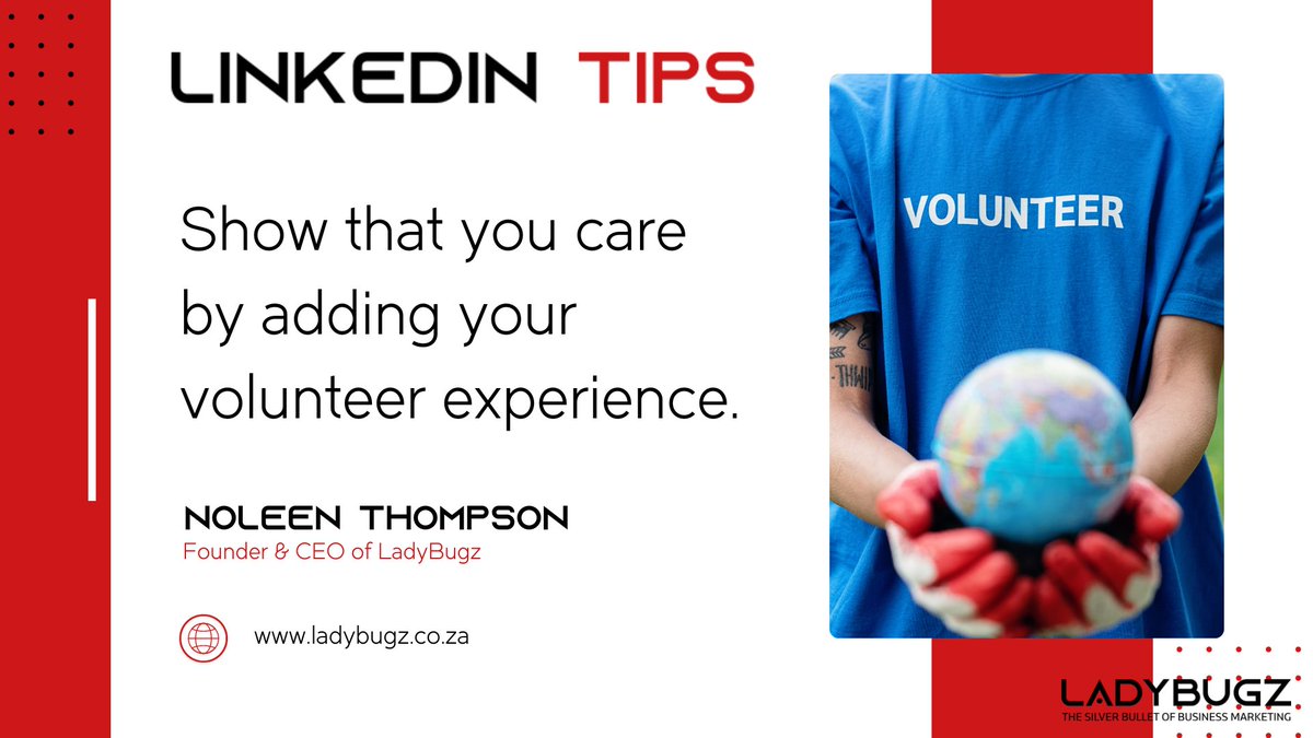 ZALadyBugz's tweet image. Adding volunteer experience to your LinkedIn profile can have positive effects on your professional image and networking opportunities.

#VolunteerExperiance
#LinkedInNetworking
#LinkedInTips
#LadyBugzZA