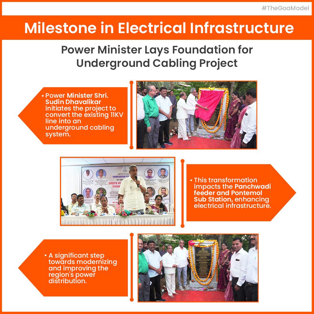 The_GoaModel's tweet image. Power Minister Shri @SudinDhavalikar marks progress with the foundation stone for the 11KV Panchwadi feeder&apos;s conversion to an underground cabling system. Bringing modernization to Sanvordem &amp;amp; Shiroda Constituency.
#PowerInfrastructure #TheGoaModel