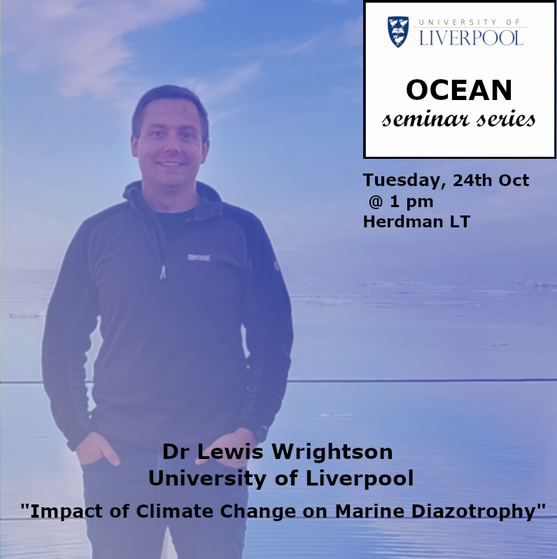 Ocean Seminar alert, U. Liverpool !!!     

On 24th October, Dr Lewis Wrightson from the University of Liverpool will present on 'Impact of Climate Change on Marine Diazotrophy'.

@livunioceansci @Env_Sci
@NOCmarinePhys