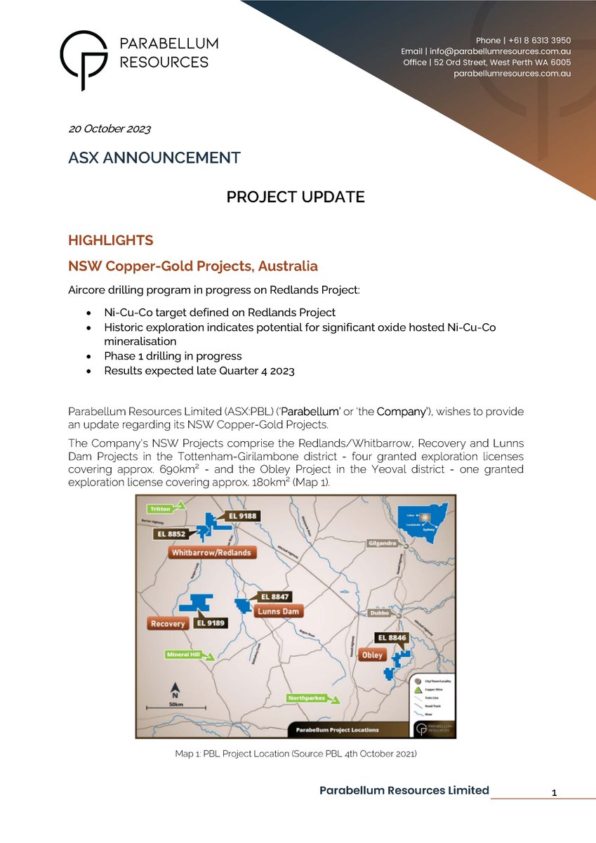 ParabellumRes's tweet photo. Parabellum Resources Limited (ASX: $PBL) has provided an update regarding its NSW #Copper-
#Gold Projects

Download the announcement here:
https://t.co/4Pr1sUOuVJ https://t.co/pSiDLoRqx8