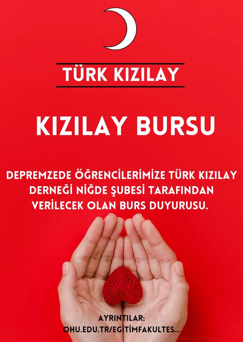 Depremzede öğrencilerimize #TürkKızılayDerneği #NiğdeŞubesi tarafından verilecek olan burs duyurusu. Ayrıntılar linktedir: @NOHUniversitesi @DrHasanUslu @nohuef @cinarbekir42 ohu.edu.tr/egitimfakultes…