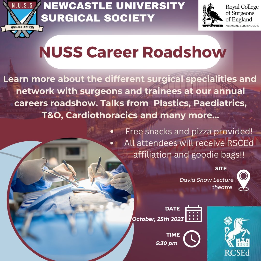 NCLSurgSoc's tweet photo. The Career Roadshow timetable is OUT! Have a look at all the inspiring speakers we have lined up and sign up via medall to kickstart your surgical career THIS WEDNESDAY! (Link in Bio) https://t.co/hL6A7jnaas