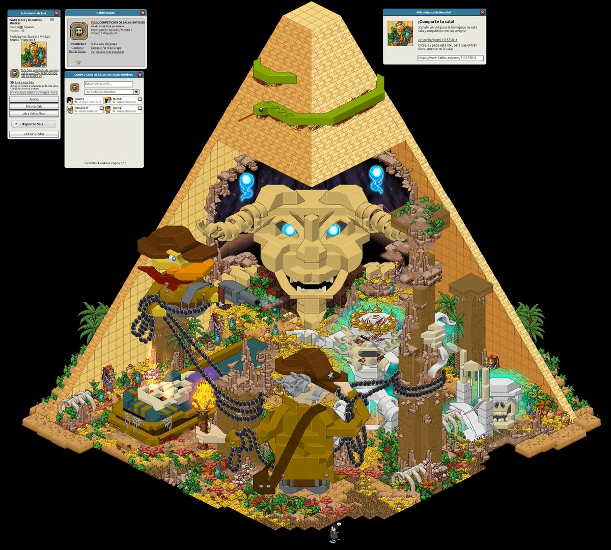 Tipo de Maldición: "La Maldición de las Momias" Serán capaces nuestros intrépidos exploradores Frank Jones y Mr.Cuack salir con vida?

Link de la Imagen: i.imgur.com/kOmwcdI.png

Participantes: Squarex / Morita! / 4marcp / Maqueto-II

Link de la sala: habbo.es/room/113575814