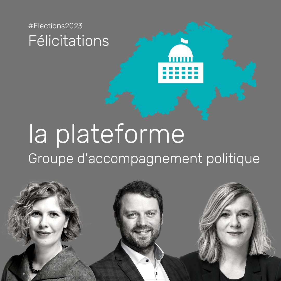 die plattform | la plateforme (@plattform_ch) on Twitter photo La <a href="/plattform_ch/">die plattform | la plateforme</a> se réjouit de la réélection au #ConseilNational de <a href="/SimonStadler7/">Simon Stadler</a> (PDC/Le Centre), Melanie Mettler (<a href="/doppel_m/">Melanie Mettler</a>) (PVL) et <a href="/kathrinbertschy/">Kathrin Bertschy</a> (PVL) et félicite chaleureusement son groupe d'accompagnement politique!
👉ow.ly/zolq50PZwT8
#ElectionsCH23 La <a href="/plattform_ch/">die plattform | la plateforme</a> se réjouit de la réélection au #ConseilNational de <a href="/SimonStadler7/">Simon Stadler</a> (PDC/Le Centre), Melanie Mettler (<a href="/doppel_m/">Melanie Mettler</a>) (PVL) et <a href="/kathrinbertschy/">Kathrin Bertschy</a> (PVL) et félicite chaleureusement son groupe d'accompagnement politique!
👉ow.ly/zolq50PZwT8
#ElectionsCH23