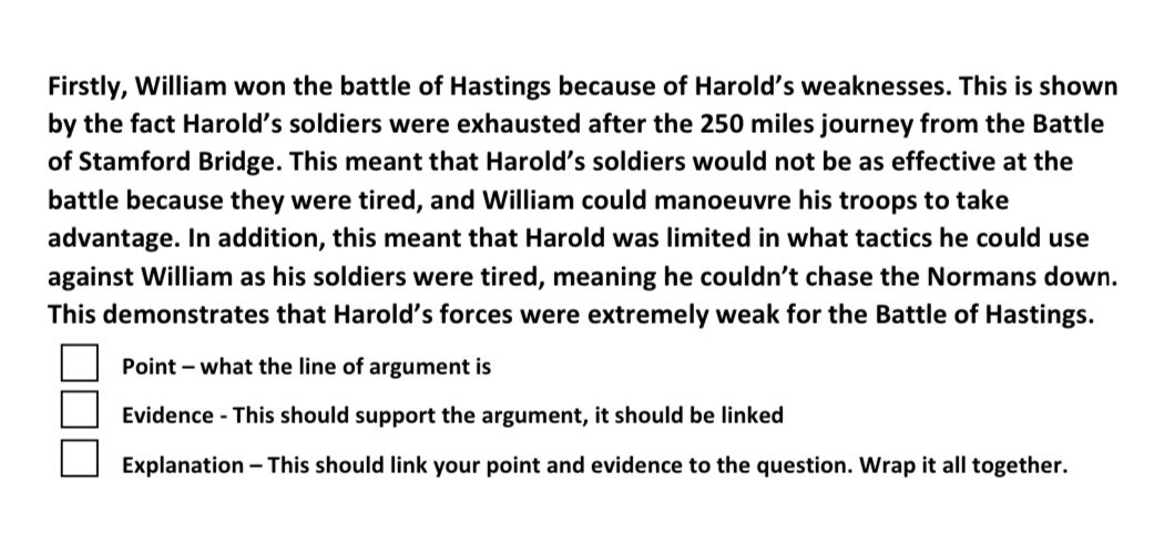 MissRTrodd's tweet photo. Year 7 assessment prep lesson. Exam Q ‘Explain why William won the Battle of Hastings’ 12 mark Edexcel. Also feedback sheet with their ‘Do now tasks’ - after we’ve looked at a few together https://t.co/JQoylGbVD1