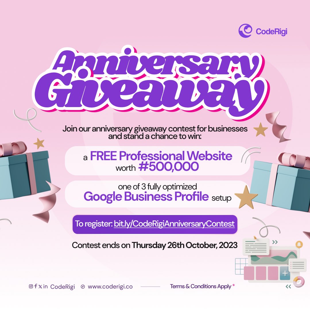 coderigi_'s tweet image. Did we also mention that we are setting up a Google Business Profile for three businesses all for free.
See the last slide on how to enter the giveaway.

Follow us on Instagram, Facebook, Twitter, and Stay connected with us for all the exciting updates!

#CodeRigiAtOne