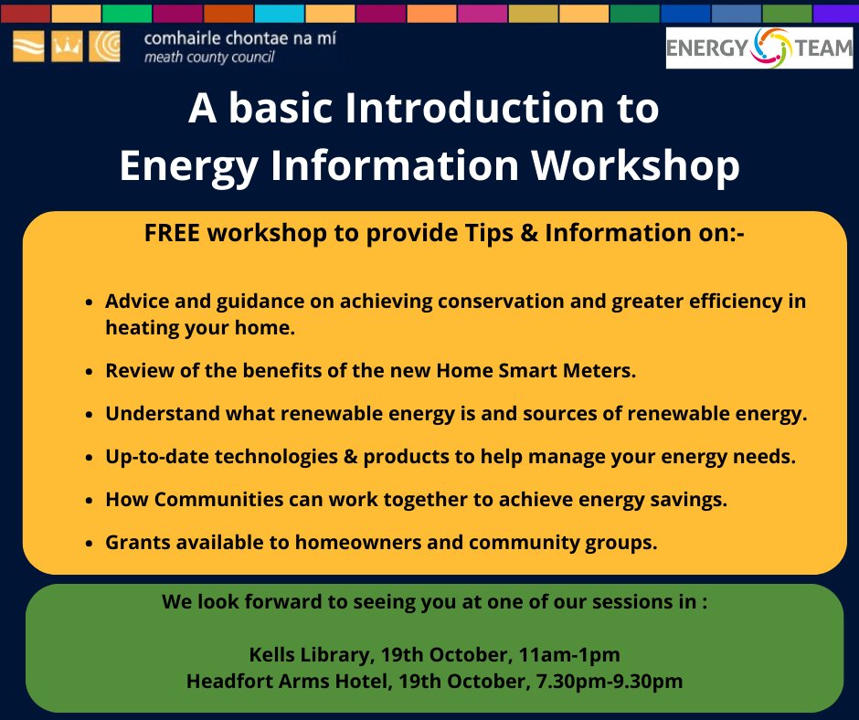 Join @meathcoco in Kells, Thursday, October 26 for: FREE Basic Introduction to Energy Information Workshop ⚡️ Kells Library from 11am to 1pm or at Headfort Arms Hotel from 7.30pm to 9.30pm #energyefficiency #savemoney