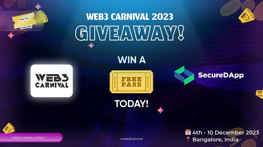 Secure_DApp's tweet photo. 🌟 2 More Ticket Giveaways! 🌟

We're excited to announce 2 more chances to win @web3carnival tickets🎉

It's quick and easy to participate:

1) Follow @Secure_Pad and @web3carnival ❤️‍🔥
2) Like ❤️ + Retweet 🔁 this post
3) Follow @Secure_DApp and Comment #Web3Carnival

Don't miss these opportunities to secure your spot at the event! Good luck to all participants! 🚀

#Giveaway #SecureDApp #Web3Events